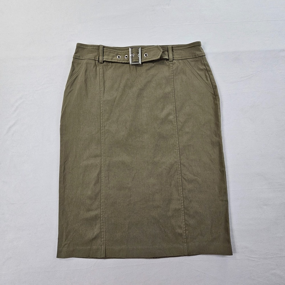 SOHO Apparel Womens L Olive Green Midi Pencil Skirt Belted Stretch NWT